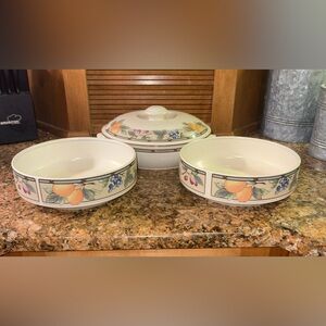 Set of Mikasa casserole dish and two soup or pasta bowls